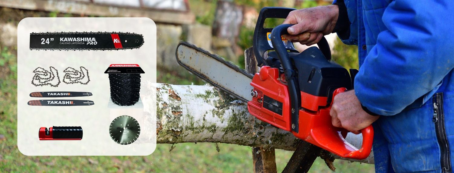 Accesorios para motosierras. Labores forestales y agrícolas. Cadenas, Afiladoras, discos, blisters y barras para motosierras.