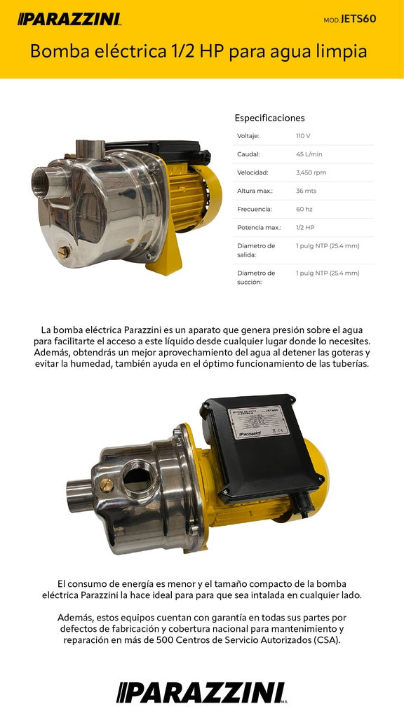 Bomba de agua eléctrica 1/2 hp presurizadora - Parazzini JETS60