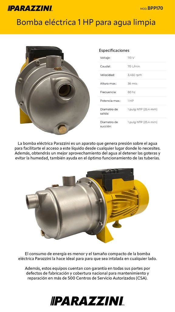 Bomba de agua eléctrica 1 hp presurizadora - Parazzini BPP170