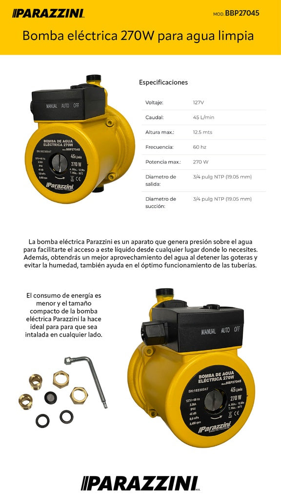 Bomba de agua eléctrica 270W presurizadora - Parazzini BPP27045