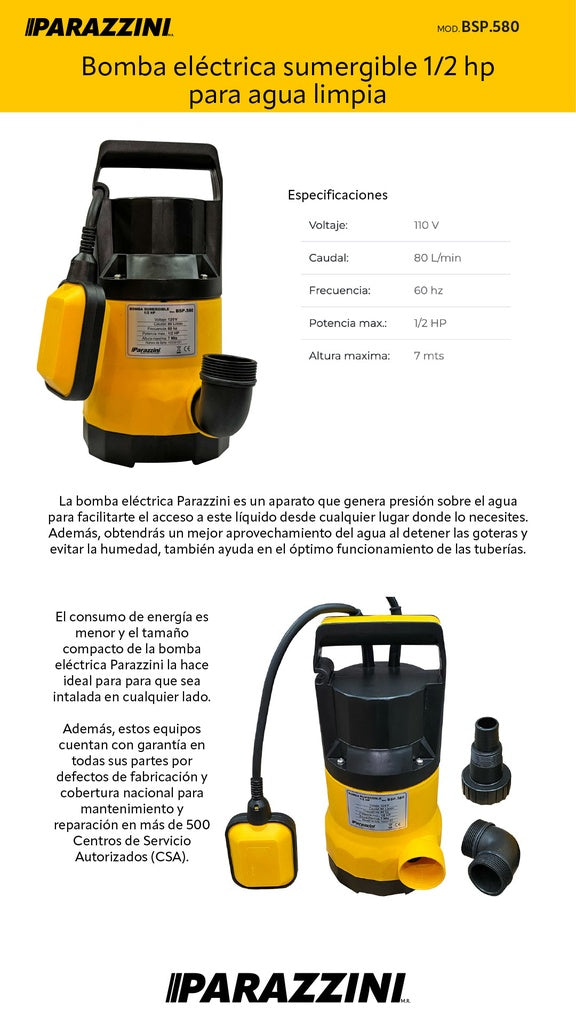 Bomba sumergible 1/2 HP - Parazzini BSP.580