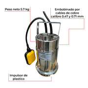 Bomba sumergible acero inoxidable 1 HP agua limpia Parazzini BSP1210L - Bioaplicaciones