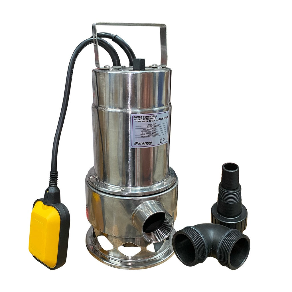 Bomba sumergible acero inoxidable 1 HP agua sucia Parazzini BSP1210S