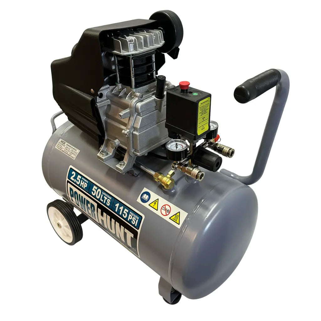 Compresor 2.5 hp 50 lts con doble conexión rapida kit de manguera y pistola de gravedad Power Hunt COMPHKIT50L