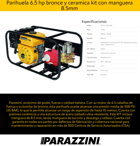 Parihuela 6.5 hp bronce y ceramica kit con manguera 8.5mm Parazzini PP6.5BK