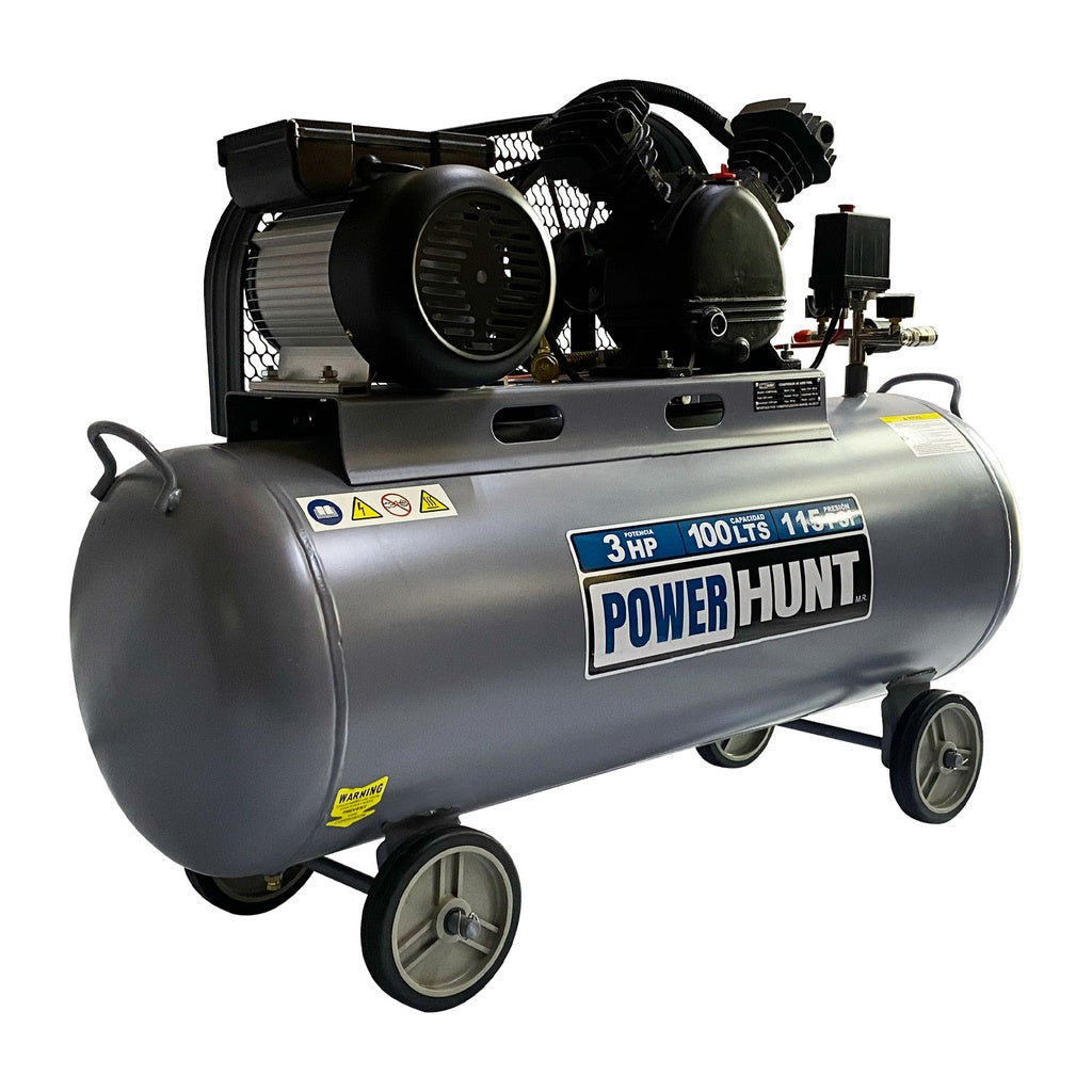 Compresor 3 hp 100 lts con banda y doble conexión rapida Power Hunt COMPH100L