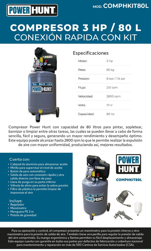 Compresor 3 hp 80 lts con doble conexión rapida kit de manguera y pistola de gravedad Power Hunt COMPHKIT80L