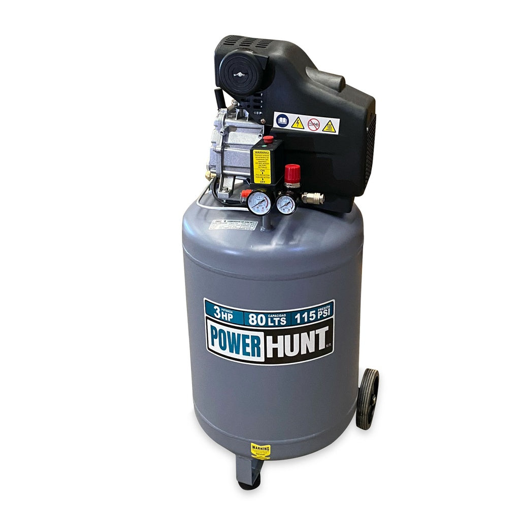Compresor 3 hp 80 lts con doble conexión rapida kit de manguera y pistola de gravedad Power Hunt COMPHKIT80L