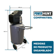 Compresor 3 hp 80 lts con doble conexión rapida kit de manguera y pistola de gravedad Power Hunt COMPHKIT80L - Bioaplicaciones