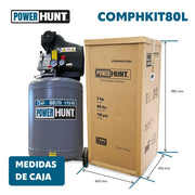 Compresor 3 hp 80 lts con doble conexión rapida kit de manguera y pistola de gravedad Power Hunt COMPHKIT80L - Bioaplicaciones