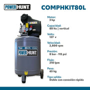 Compresor 3 hp 80 lts con doble conexión rapida kit de manguera y pistola de gravedad Power Hunt COMPHKIT80L - Bioaplicaciones