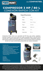 Compresor 3 hp 80 lts con doble conexión rapida kit de manguera y pistola de gravedad Power Hunt COMPHKIT80L