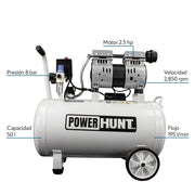 Compresor 50 lts doble conexión rapida con bomba libre de aceite Power Hunt CP50SA
