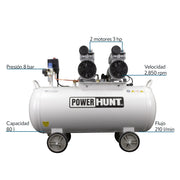 Compresor 80 lts doble conexión rapida con bomba libre de aceite Power Hunt CP80SA
