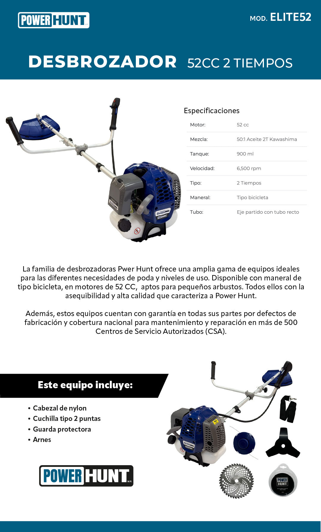 Desbrozador recto de 52 cc con cuernos y eje partido Power Hunt ELITE52