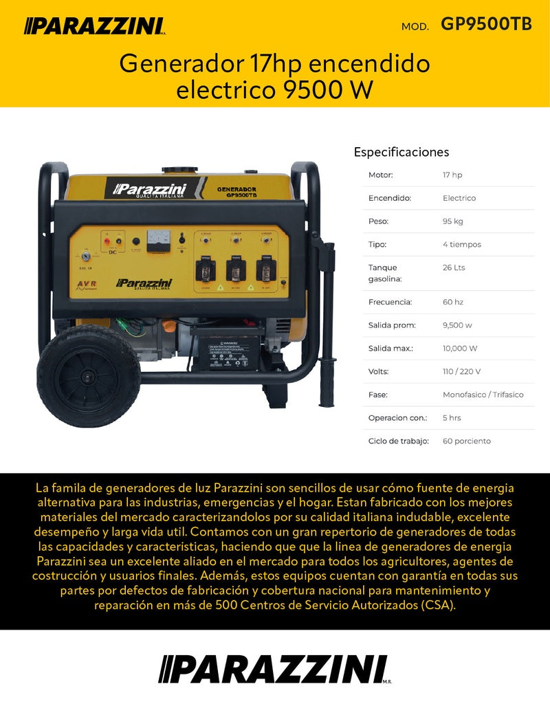 Generador 17hp encendido electrico 9500 W Parazzini GP9500TB