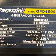 Generador diesel 15000 wats arranque electrico trifasico Parazzini GPD15000T - Bioaplicaciones