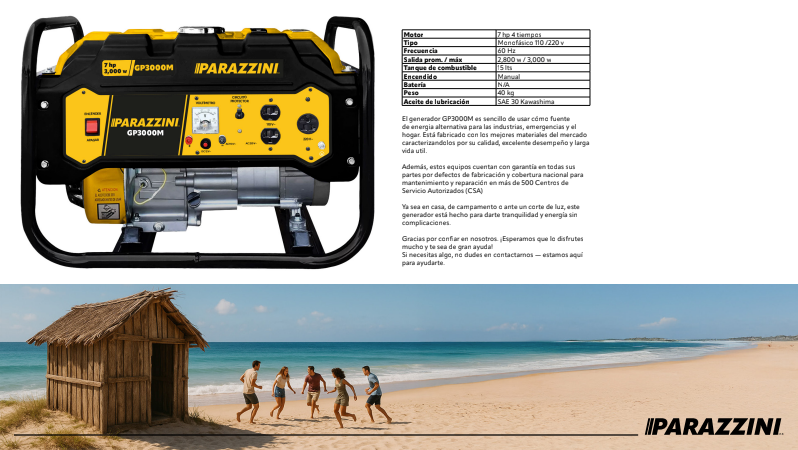 Generador Parazzini 3000W 7HP 4T Parazzini GP3000M