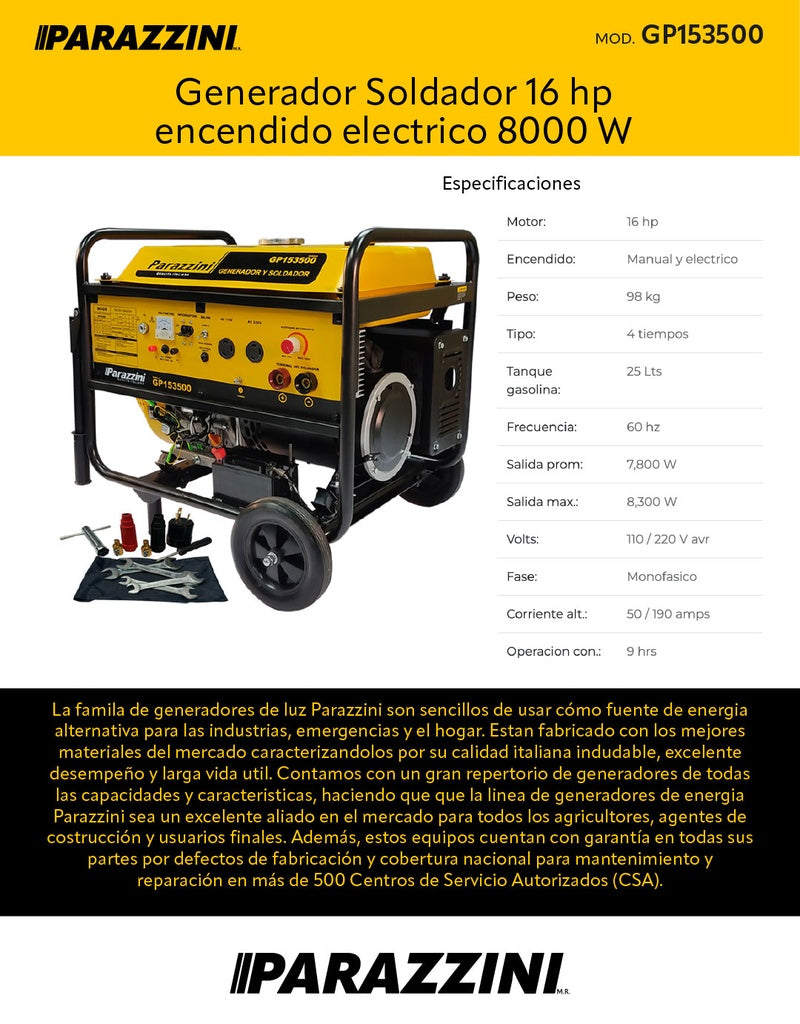 Generador Soldador 16 hp encendido electrico 8000 W Parazzini GP153500