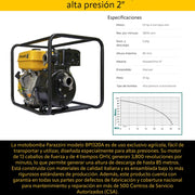 Motobomba 13 hp 4 tiempos ohv alta presion 2 pulg Parazzini BP1320A - Bioaplicaciones