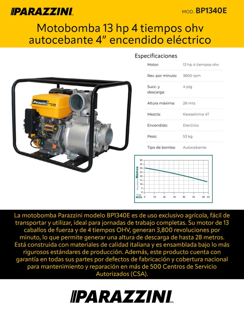 Motobomba 13 hp 4 tiempos ohv autocebante 4 pulg encendido eléctrico Parazzini BP1340E