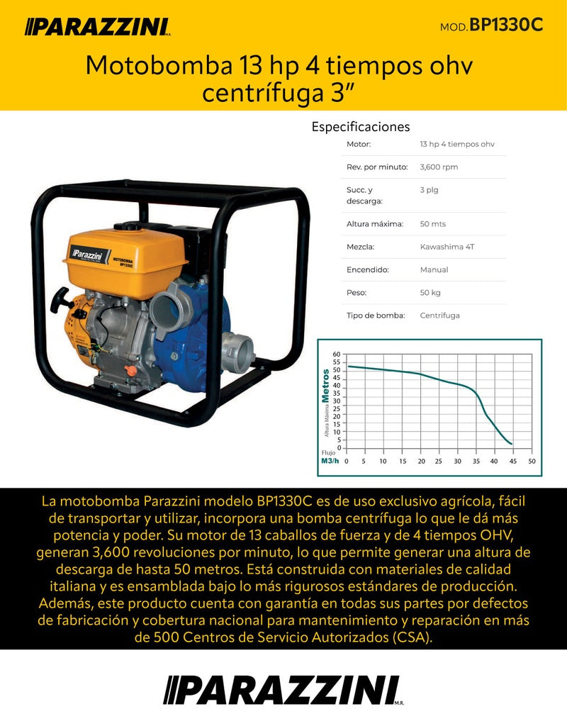 Motobomba 13 hp 4 tiempos ohv centrífuga 3 pulg Parazzini BP1330C