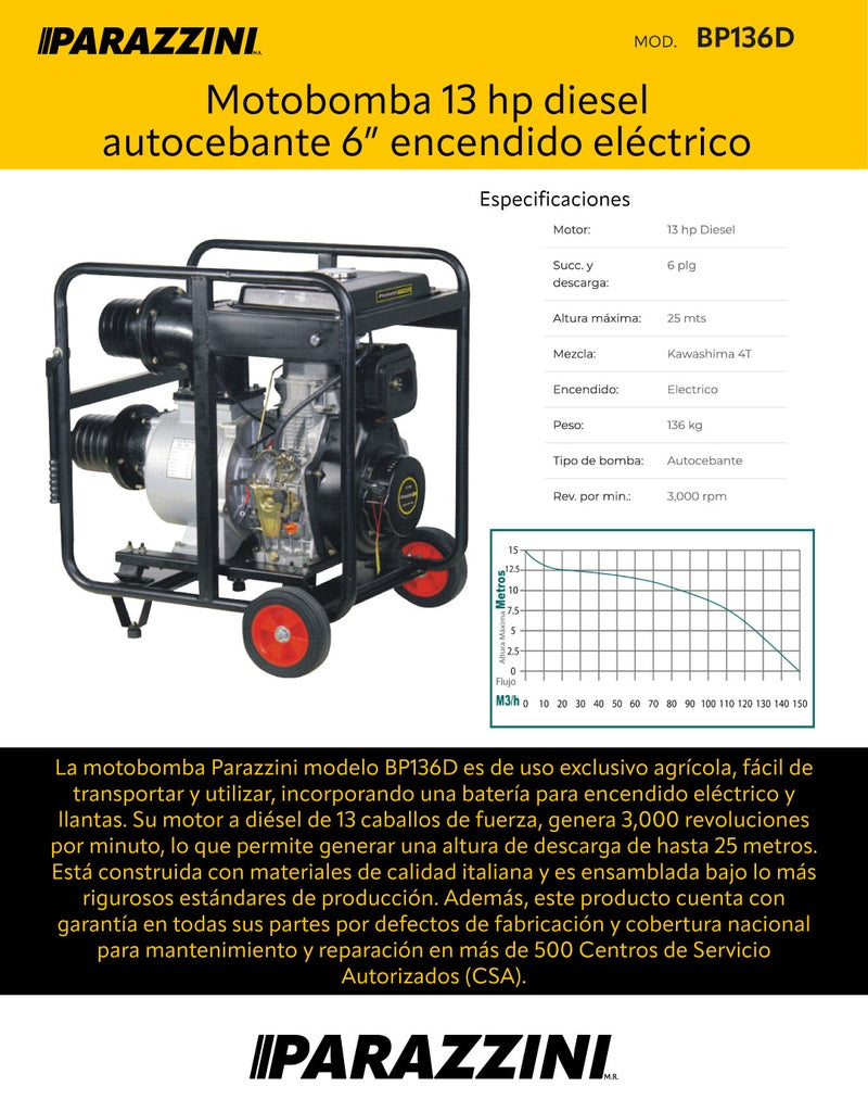 Motobomba 13 hp diesel autocebante 6 pulg encendido eléctrico Parazzini BP136D