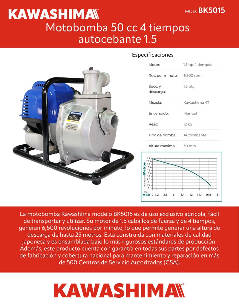 Motobomba 50 cc 4 tiempos autocebante 1.5 pulg Kawashima BK5015 - Bioaplicaciones