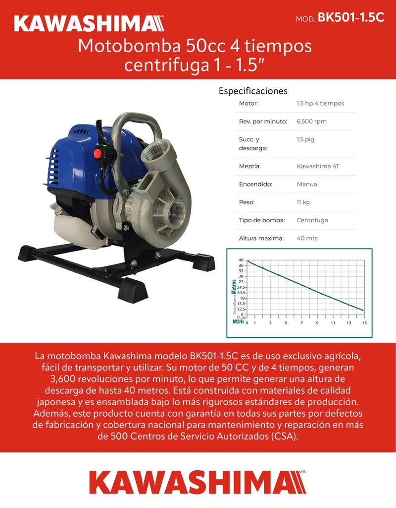Motobomba 50cc 4 tiempos centrifuga 1 - 1.5 pulg Kawashima BK501-1.5C - Bioaplicaciones