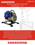 Motobomba 50cc 4 tiempos centrifuga 1 - 1.5 pulg Kawashima BK501-1.5C - Bioaplicaciones