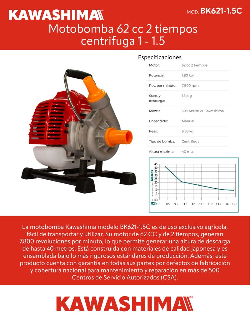 Motobomba 62 cc 2 tiempos centrifuga 1 - 1.5 pulg Kawashima BK621-1.5C