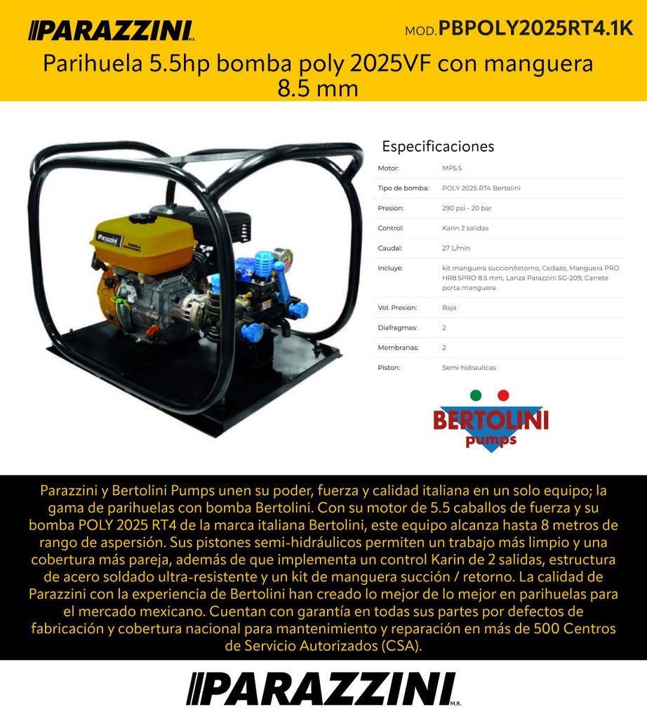 Parihuela 5.5hp bomba poly 2025VF con manguera 8.5 mm Bertolini PBPOLY2025RT4.1K