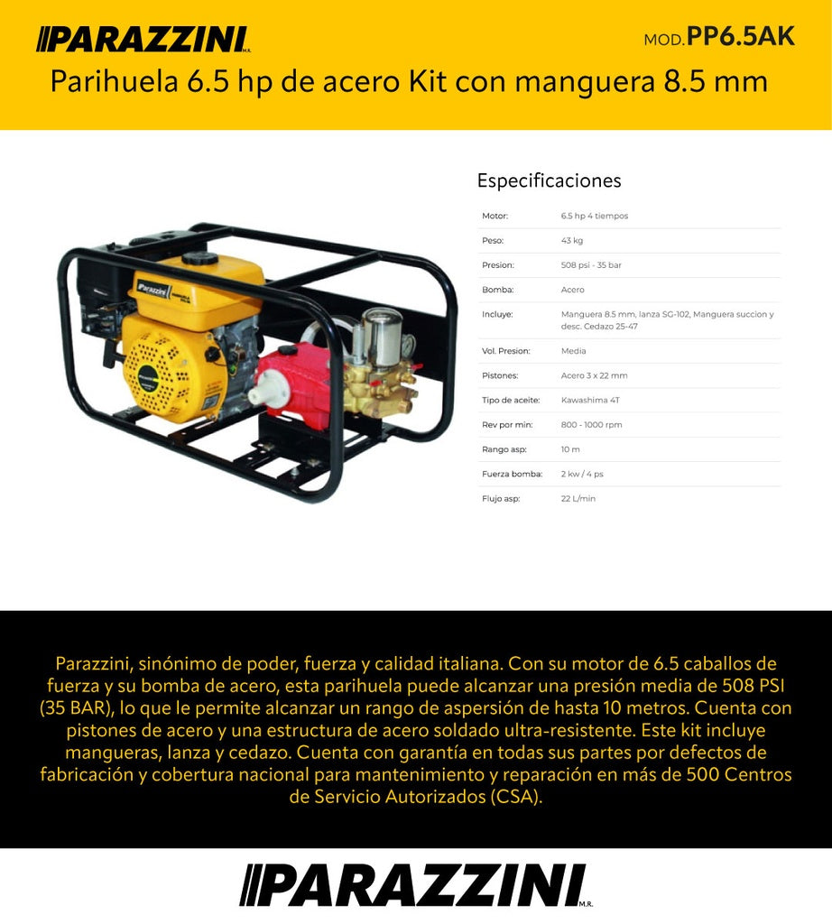 Parihuela 6.5 hp de acero Kit con manguera 8.5 mm Parazzini PP6.5AK