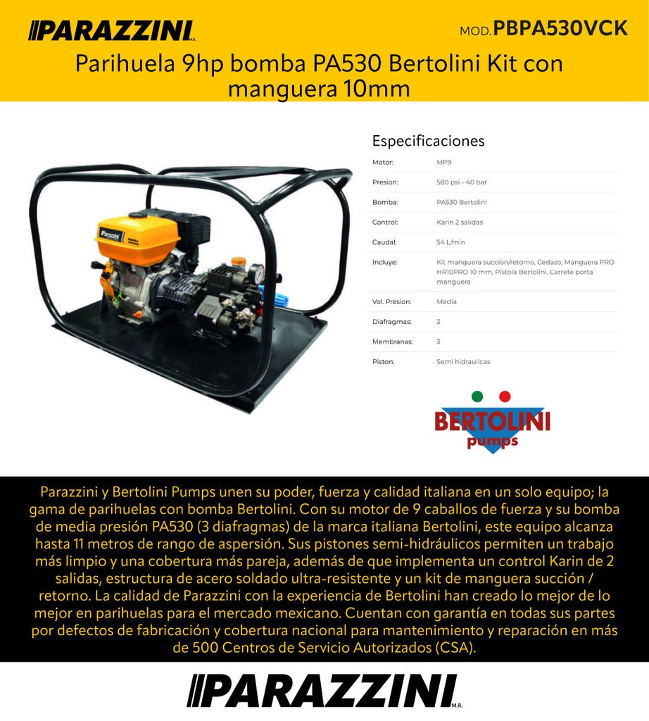 Parihuela 9hp bomba PA530 Bertolini Kit con manguera 10mm Bertolini PBPA530VCK