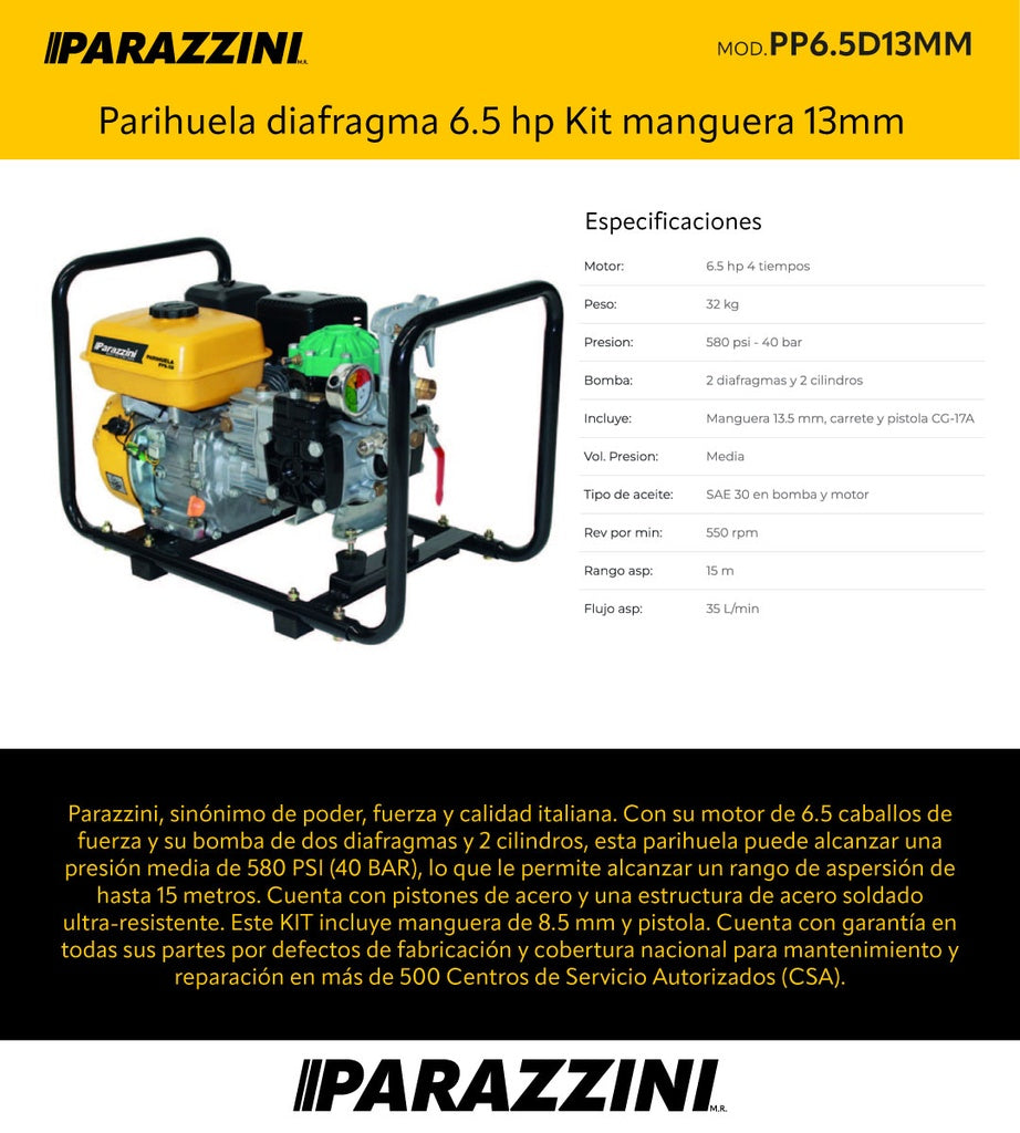 Parihuela diafragma 6.5 hp Kit manguera 13mm Parazzini PP6.5D13MM