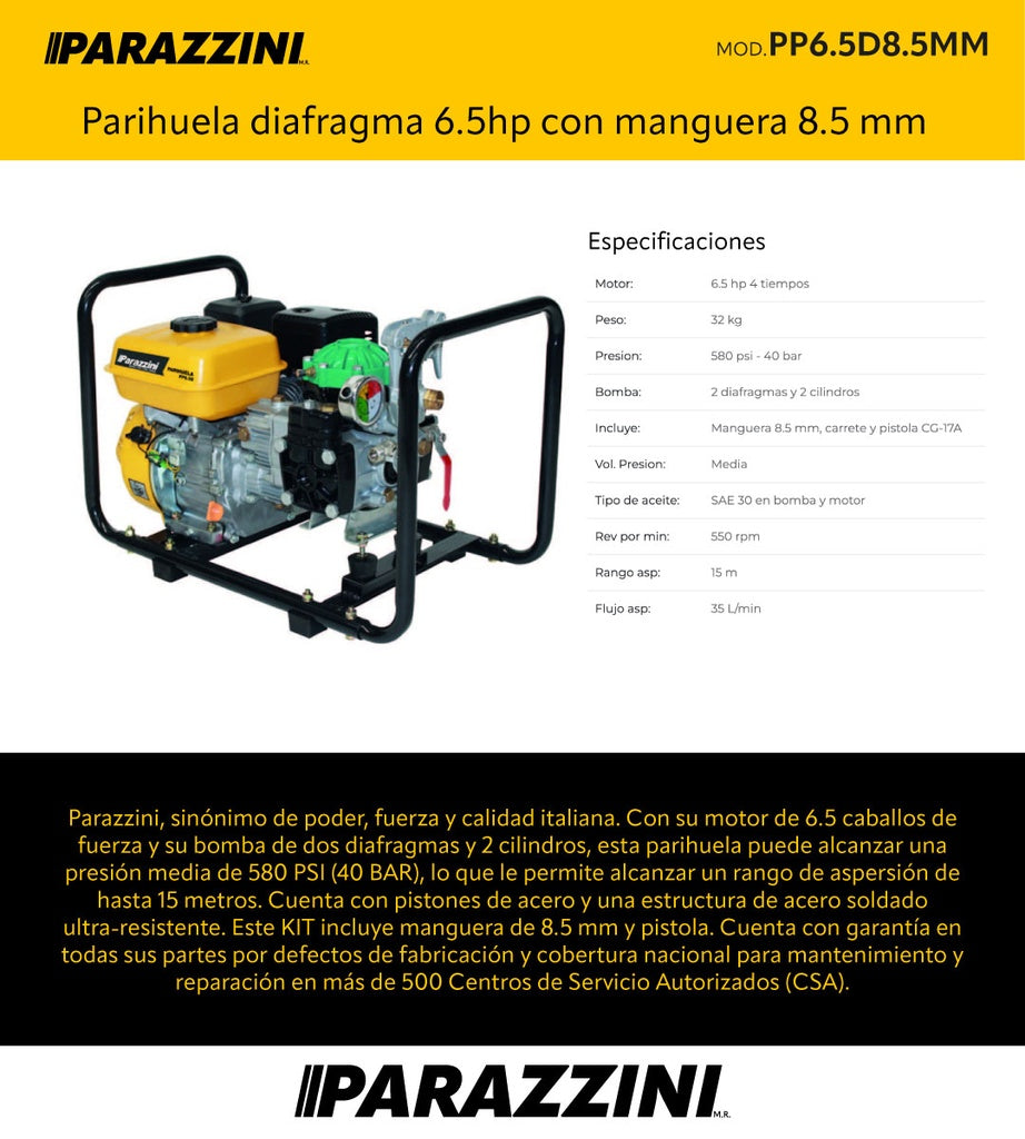 Parihuela diafragma 6.5hp con manguera 8.5 mm Parazzini PP6.5D8.5MM