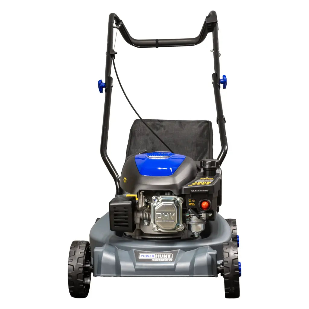 Podadora a gasolina 16" 131cc empuje manual Arranque manual, ancho de corte 390 mm altura 30–65 mm 3 posiciones  chasis pp recolector 35 L. Power Hunt RANGER131V2