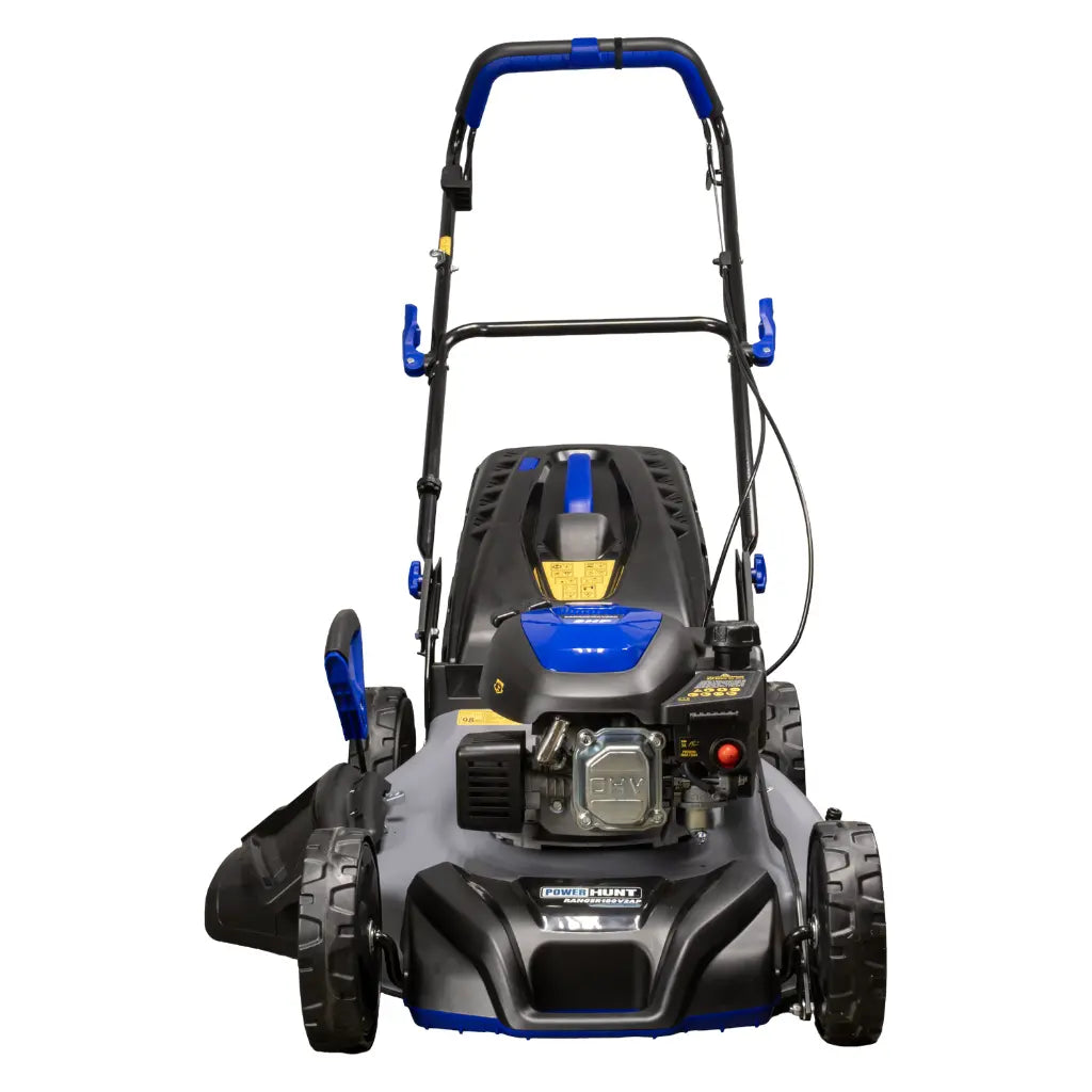 Podadora a gasolina 21" 181cc autopropulsada Arranque manual, ancho de corte 530 mm altura 25–75 mm 7 posiciones chasis de acero, recolector 60 L, puerto de lavado. Power Hunt RANGER180V2AP