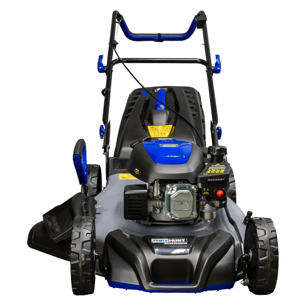 Podadora a gasolina 21" 181cc empuje manual Arranque manual, ancho de corte 530 mm altura 25–75 mm 7 posiciones chasis de acero, recolector 60 L, puerto de lavado. Power Hunt RANGER180V2