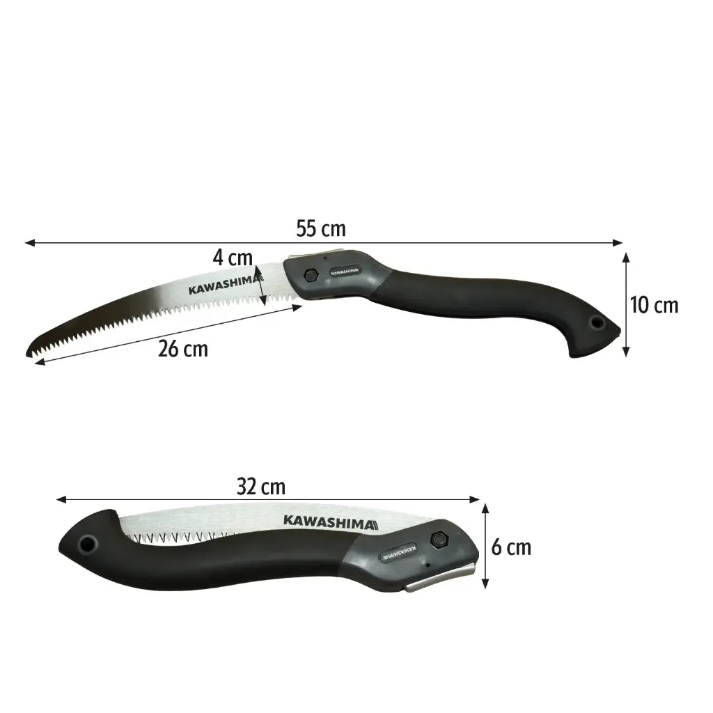 Serrucho plegable con hoja curva y diseño compacto. Longitud total: 21.26 plg. Peso: 0.34 kg. Kawashima SKCP-21