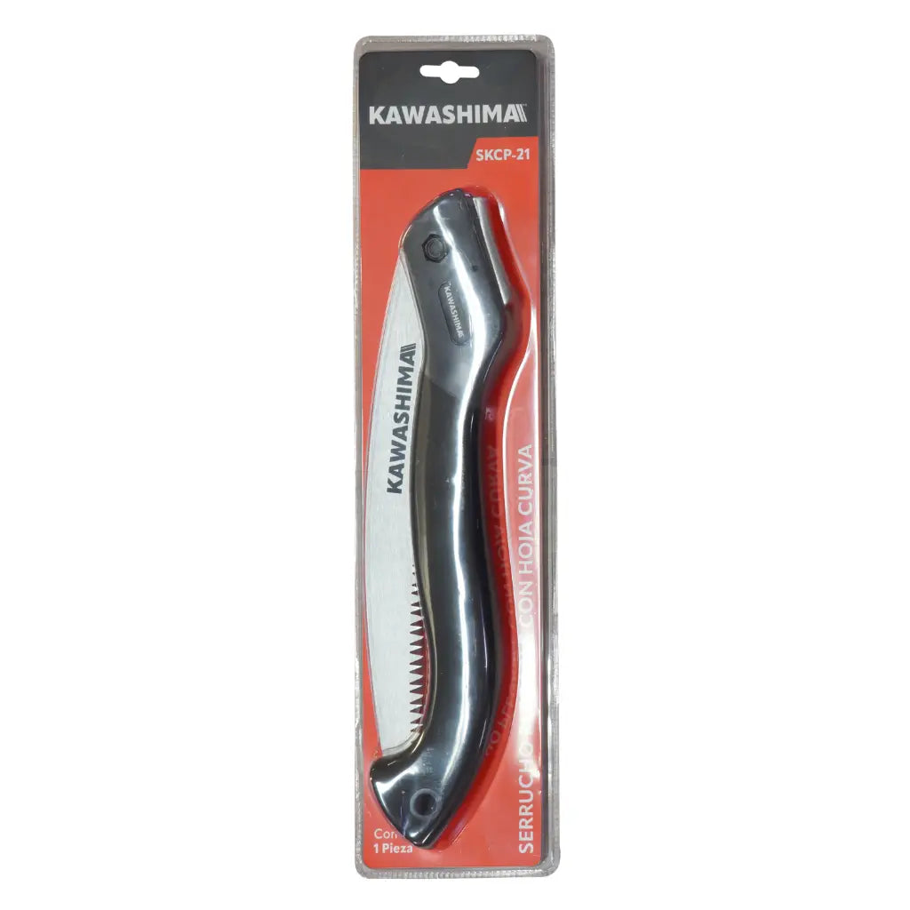 Serrucho plegable con hoja curva y diseño compacto. Longitud total: 21.26 plg. Peso: 0.34 kg. Kawashima SKCP-21