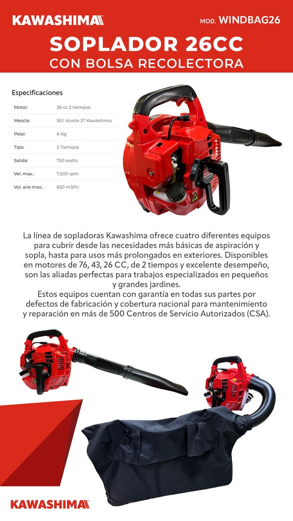 Soplador 26 cc con bolsa recolectora Kawashima WINDBAG26