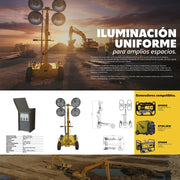Torre de iluminación portátil y reforzada, equipada con mástil telescópico de 4.5 metros y 3 secciones. Foco haluro metálico 1000W Parazzini TLP-9800-4