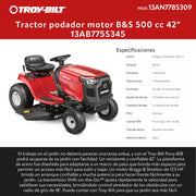 Tractor podador motor B&S 500 cc 42 pulg 13AB775S345 Troy-Bilt 13AN77BS309 - Bioaplicaciones