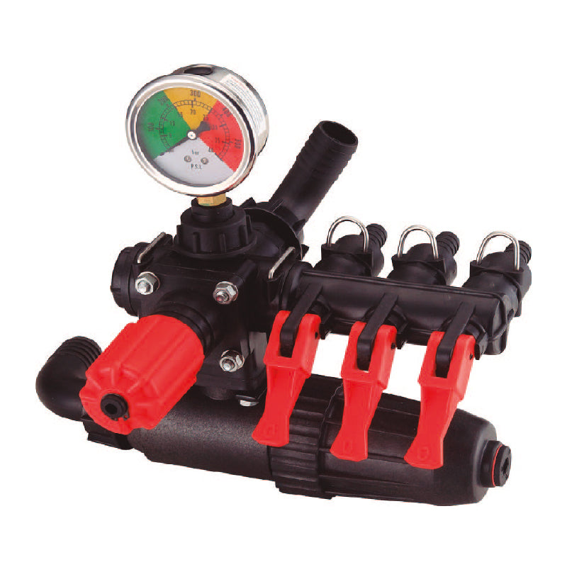 Distribuidor de 3 salidas con regulador de presion 40 bar 580 psi caudal 70-160 lts/min 13/10/ 8.5 mm Parazzini FPF3