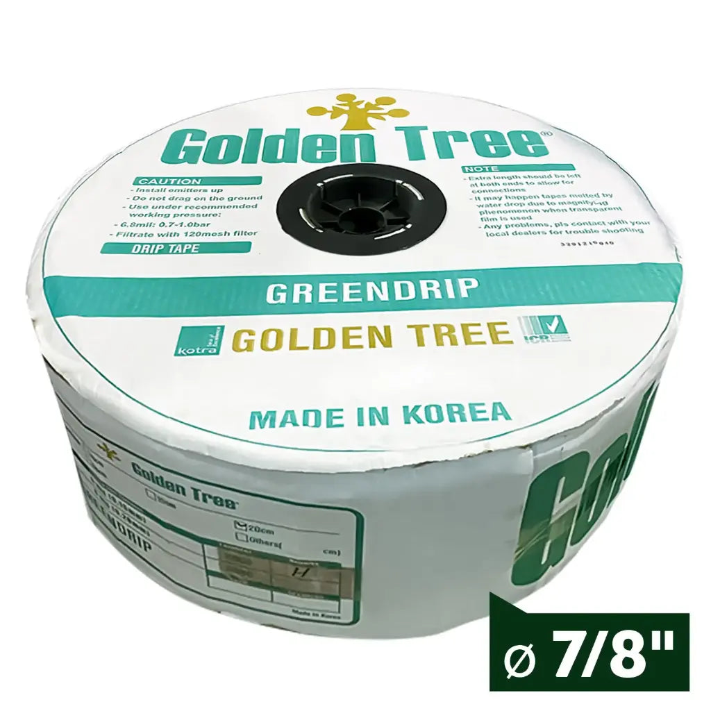 Cinta GreenDrip 7/8" calibre 8 mil (0.20 mm espesor) 1.3 lph @30 cm (1.0 bar) - rollo de 1600 m Golden Tree GR020-30-130-1600