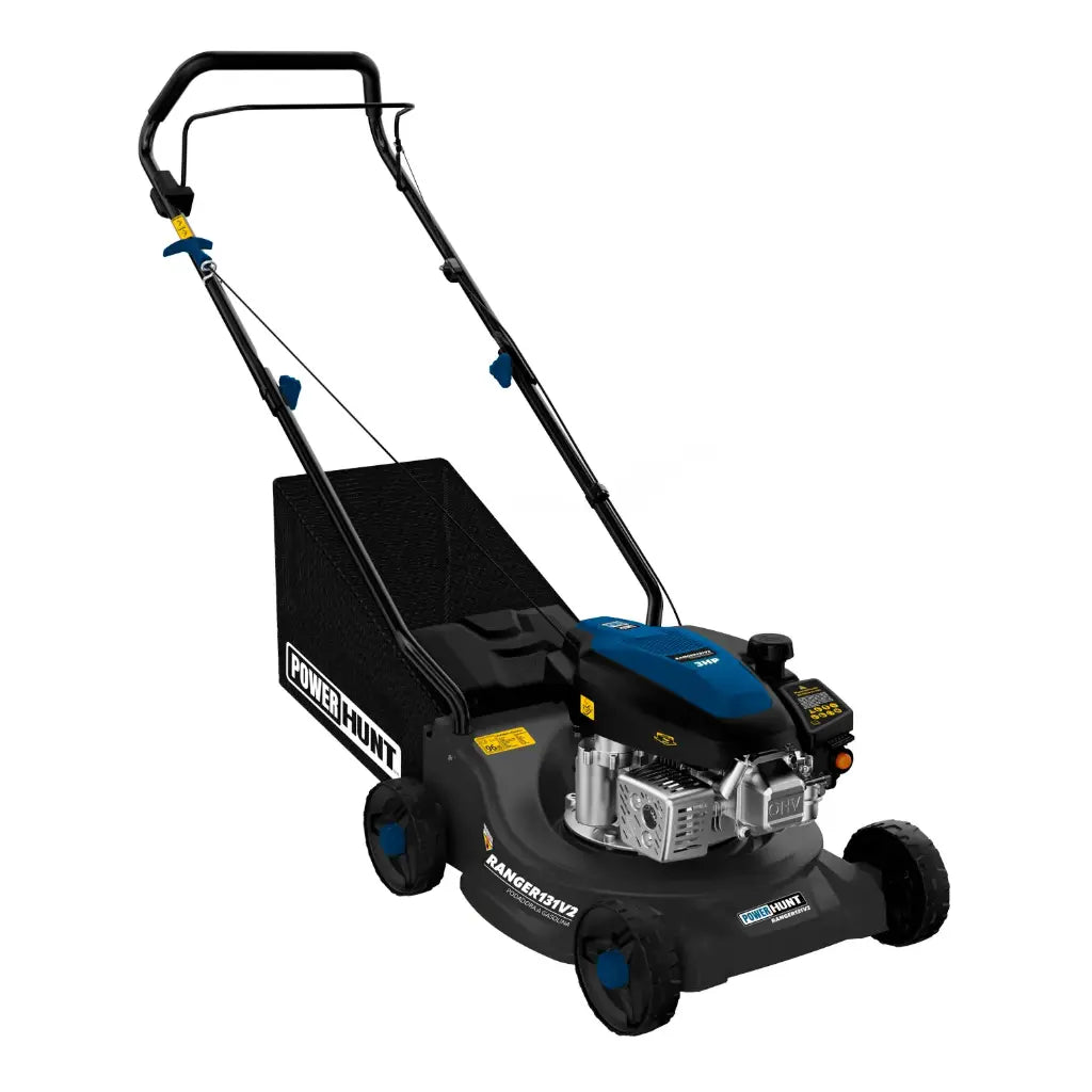 Podadora a gasolina 16" 131cc empuje manual Arranque manual, ancho de corte 390 mm altura 30–65 mm 3 posiciones  chasis pp recolector 35 L. Power Hunt RANGER131V2