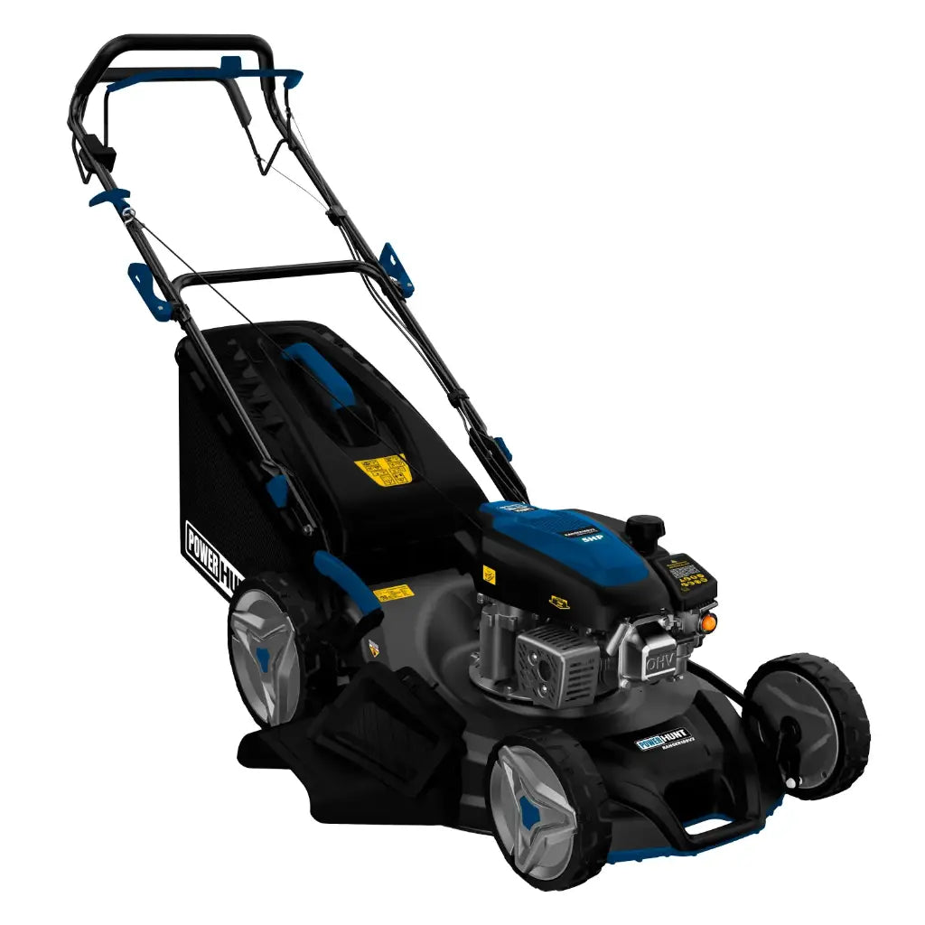 Podadora a gasolina 21" 181cc empuje manual Arranque manual, ancho de corte 530 mm altura 25–75 mm 7 posiciones chasis de acero, recolector 60 L, puerto de lavado. Power Hunt RANGER180V2