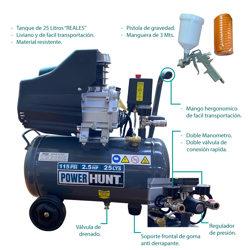 Kit compresor 25L doble conexión rapida manguera 3mts y pistola de gravedad + Kit con 20pz (boquillas manguera y conectores)  Power Hunt COMPHKIT25L-K20