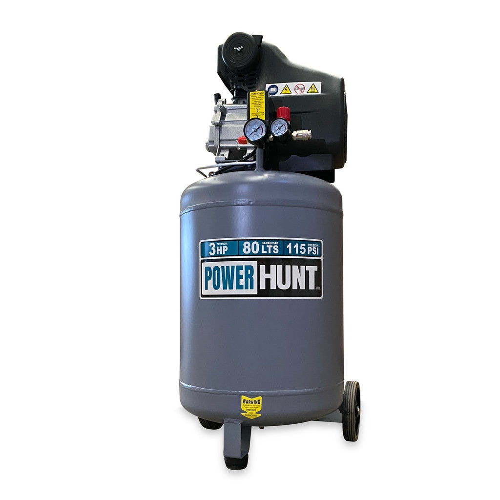 Compresor 3 hp 80 lts con doble conexión rapida kit de manguera y pistola de gravedad Power Hunt COMPHKIT80L
